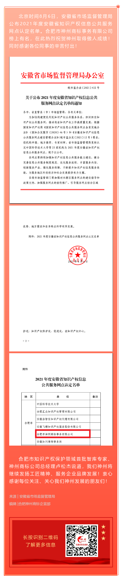 喜訊！神州商標(biāo)公司獲批安徽省知識產(chǎn)權(quán)信息公共服務(wù)網(wǎng)點